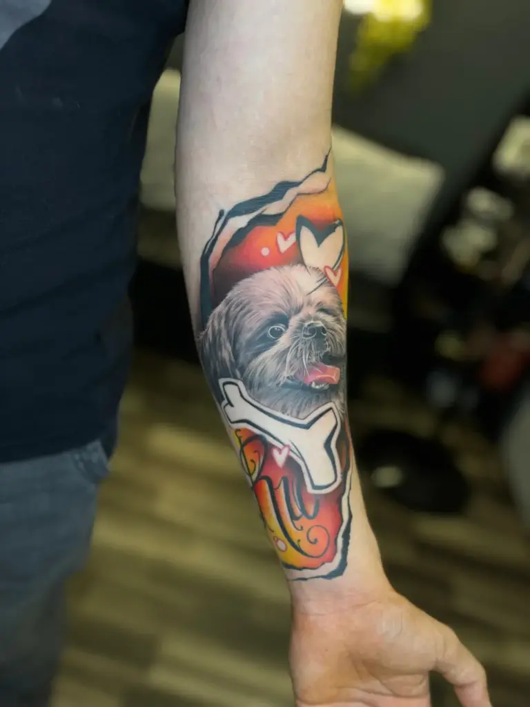 Colour pet portrait tattoo of a Shih Tzu with hearts on the forearm, Rays Tattoo Studio